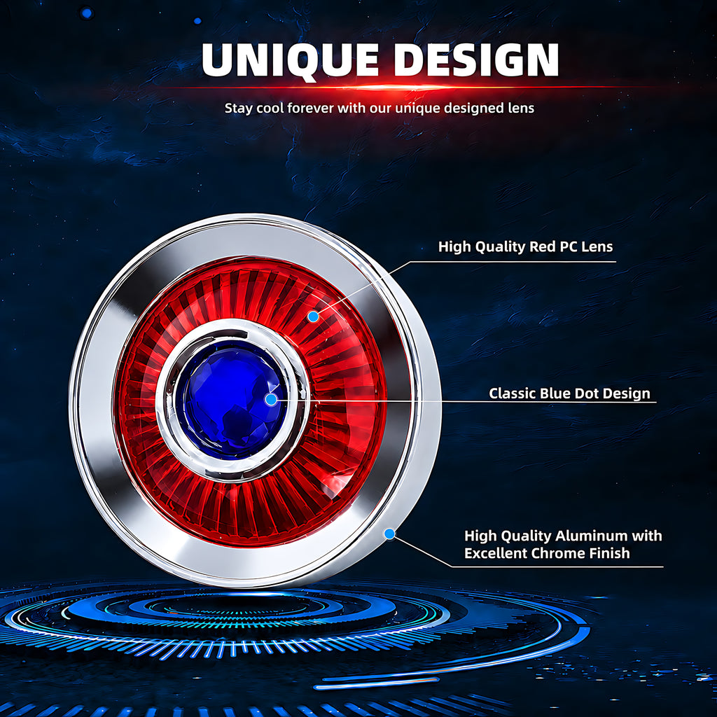 2" Blue Dot Turn Signal Light Lens Cover for Harley Softail Street Road Glide Fat Boy Sportster Dyna Deluxe 2PCS Replacement Tail Light Caps Clip On Chromed Aluminum Bezel