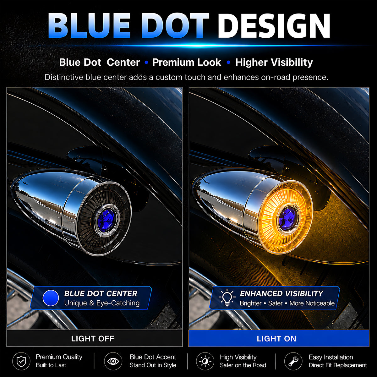 2" Blue Dot Turn Signal Light Lens Cover for Harley Softail Street Road Glide Fat Boy Sportster Dyna Deluxe 2PCS Replacement Tail Light Caps Clip On Chromed Aluminum Bezel