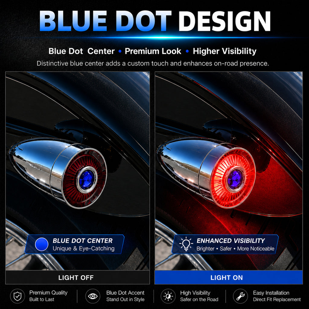 2" Blue Dot Turn Signal Light Lens Cover for Harley Softail Street Road Glide Fat Boy Sportster Dyna Deluxe 2PCS Replacement Tail Light Caps Clip On Chromed Aluminum Bezel