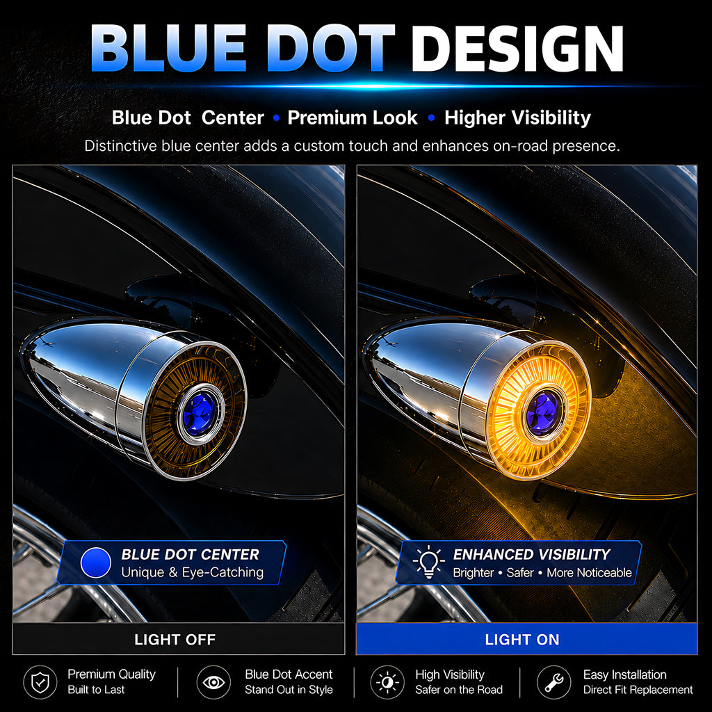 2" Blue Dot Turn Signal Light Lens Cover for Harley Softail Street Road Glide Fat Boy Sportster Dyna Deluxe 2PCS Replacement Tail Light Caps Clip On Chromed Aluminum Bezel