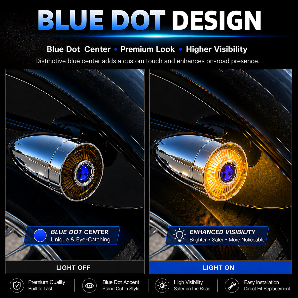2" Blue Dot Turn Signal Light Lens Cover for Harley Softail Street Road Glide Fat Boy Sportster Dyna Deluxe 2PCS Replacement Tail Light Caps Clip On Chromed Aluminum Bezel