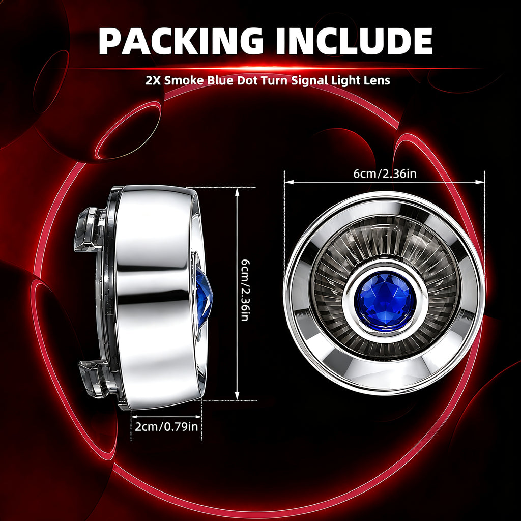 2" Blue Dot Turn Signal Light Lens Cover for Harley Softail Street Road Glide Fat Boy Sportster Dyna Deluxe 2PCS Replacement Tail Light Caps Clip On Chromed Aluminum Bezel