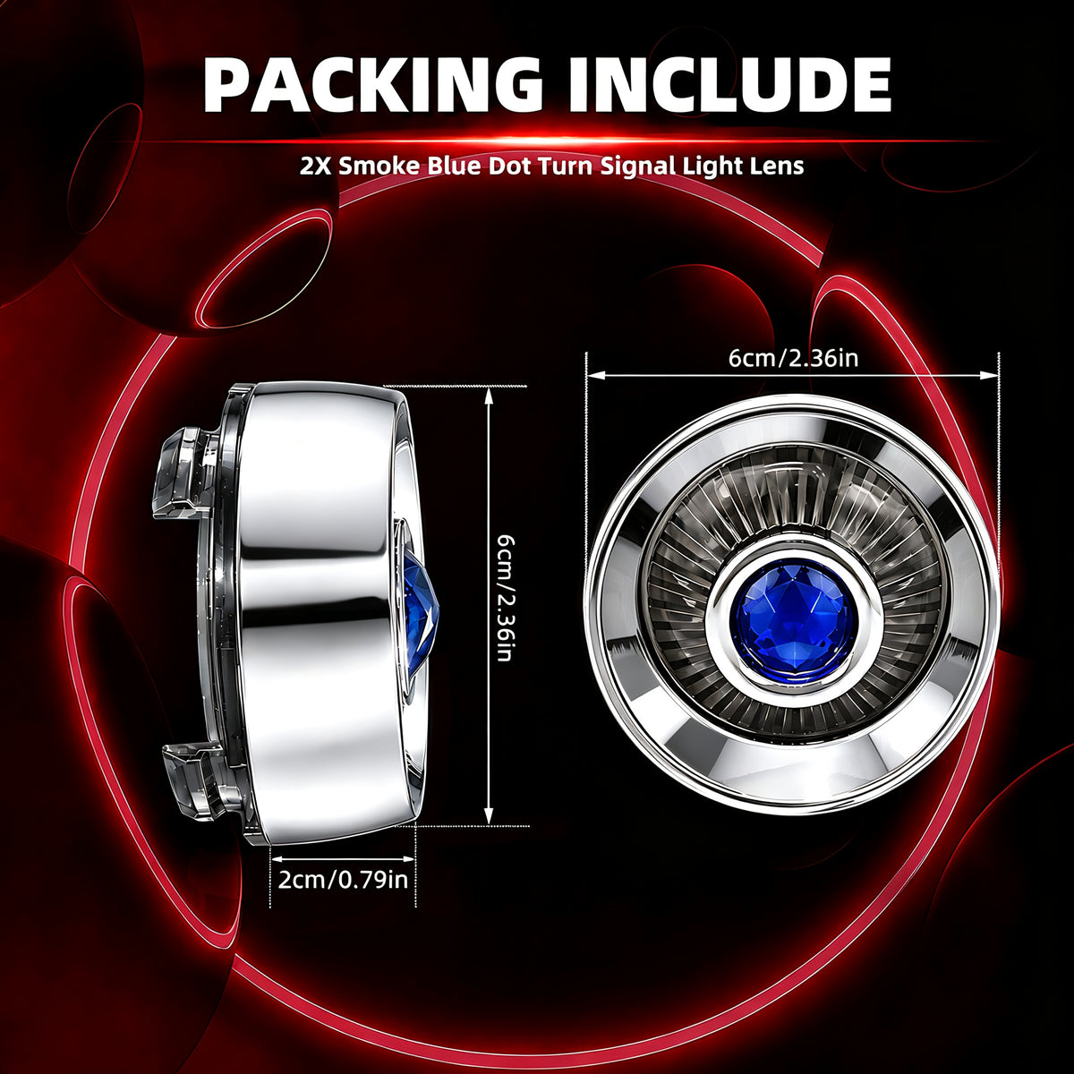 2" Blue Dot Turn Signal Light Lens Cover for Harley Softail Street Road Glide Fat Boy Sportster Dyna Deluxe 2PCS Replacement Tail Light Caps Clip On Chromed Aluminum Bezel
