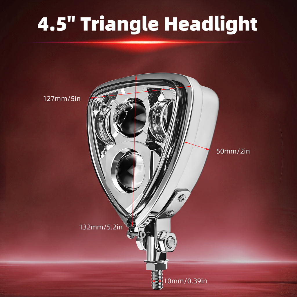 Triangle Motorcycle LED Headlight Motorbike Hi/Lo Beam Headlamp Bottom Mount Head Light Lamp Clear Lens Universal for Harley Kawasaki Honda Yamaha Suzuki Chopper Cafe Racer Bobber
