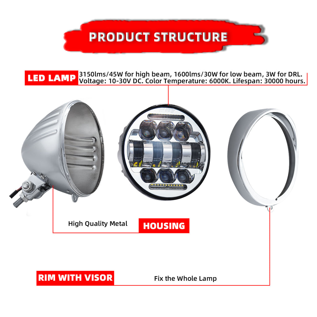 Motorcycle 5.75" LED  Visor Headlight with DRL