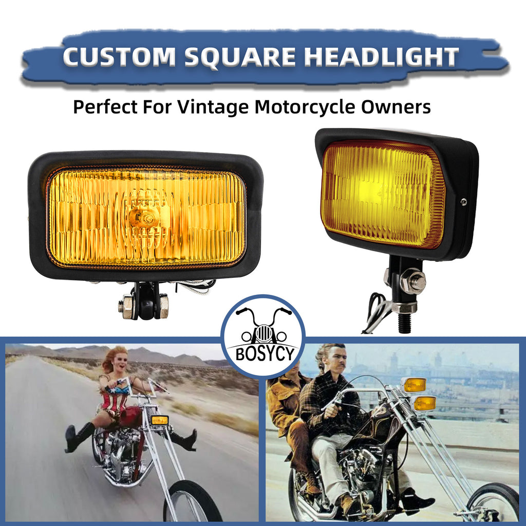 Motorcycle LED Square Headlight With Visor Bottom Mount - Chrome Headlamp Universal Fit Harley Chopper Suzuki Kawasaki