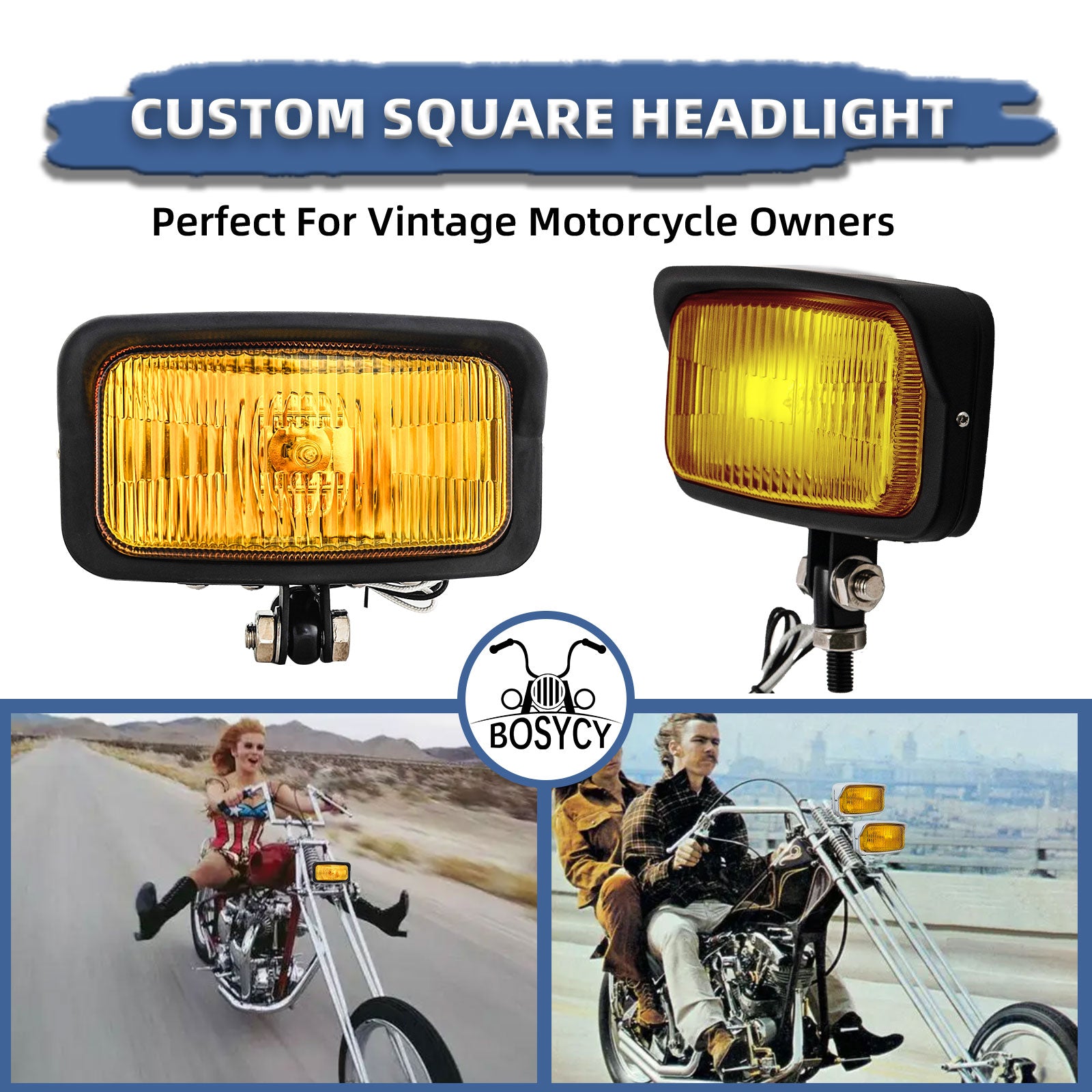 Motorcycle LED Square Headlight With Visor Bottom Mount - Chrome Headlamp Universal Fit Harley Chopper Suzuki Kawasaki