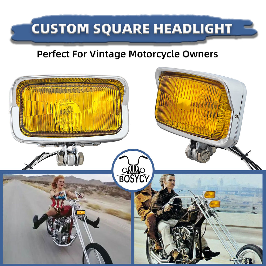 Motorcycle LED Square Headlight With Visor Bottom Mount - Chrome Headlamp Universal Fit Harley Chopper Suzuki Kawasaki