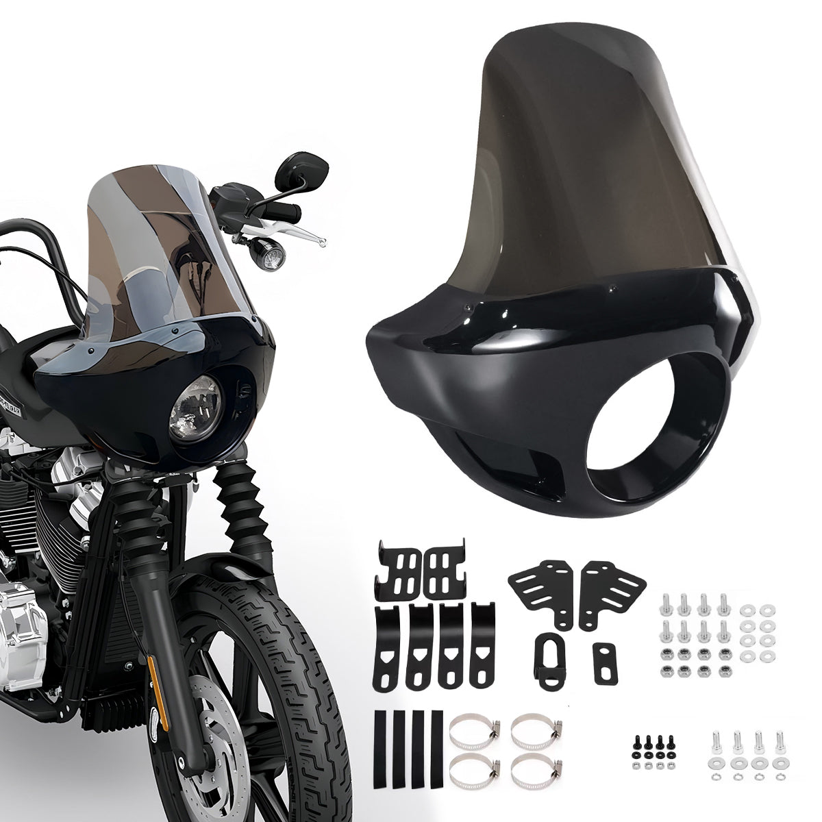 Motorcycle 5.75” Headlight Fairing Cover 17” Tall Touring Sport Windshield with 35-49MM Fork Clamps Universal for Harley Suzuki Honda Yamaha Kawasaki Chopper Bobber Cafe Racer