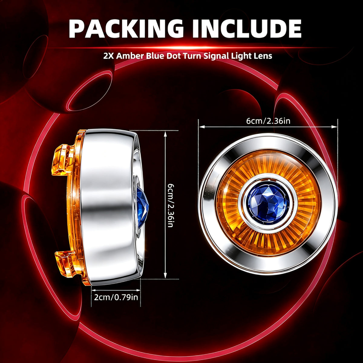 2" Blue Dot Turn Signal Light Lens Cover for Harley Softail Street Road Glide Fat Boy Sportster Dyna Deluxe 2PCS Replacement Tail Light Caps Clip On Chromed Aluminum Bezel