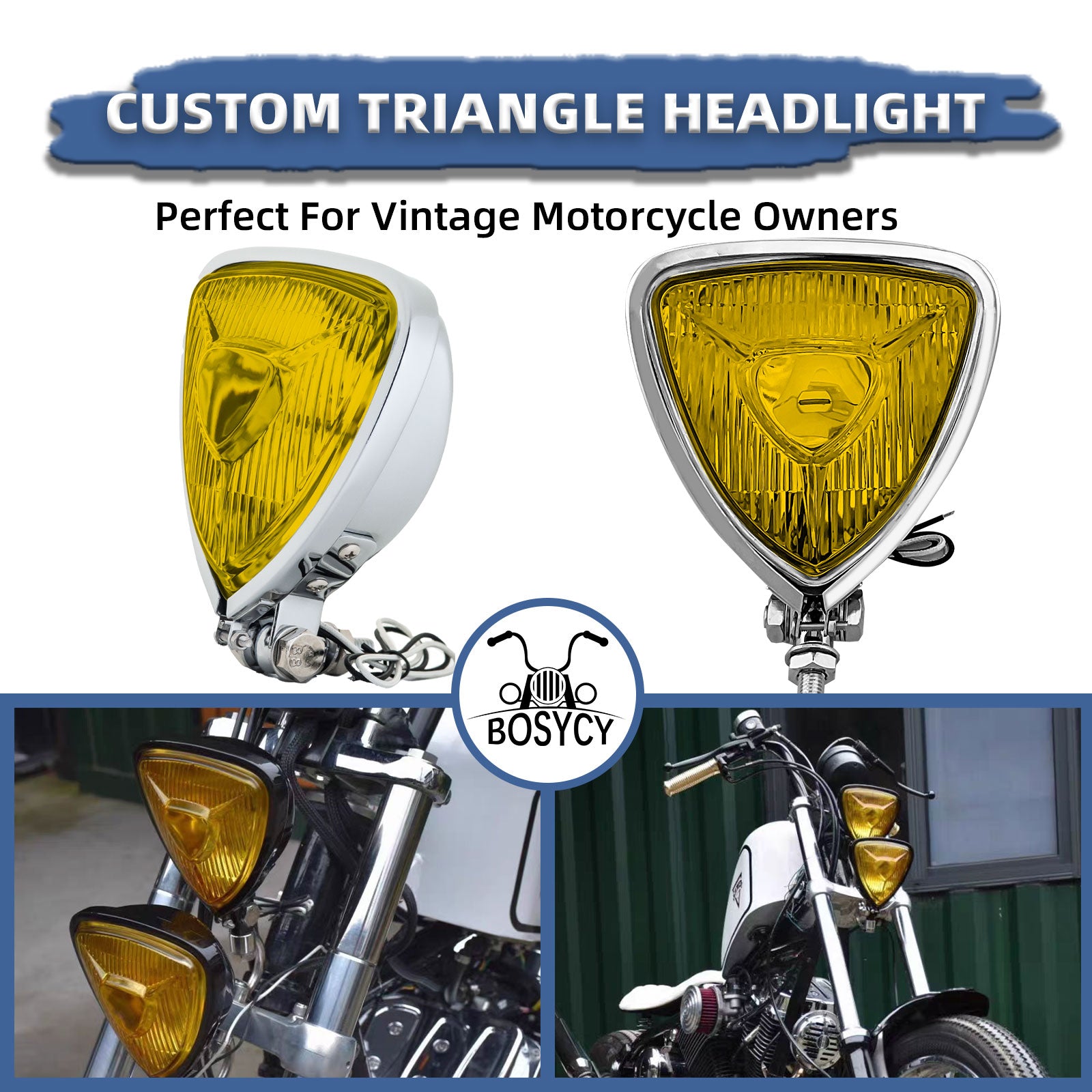 Motorcycle LED Headlight CustomTriangle Front Spotlight Vintage Head-Lamp