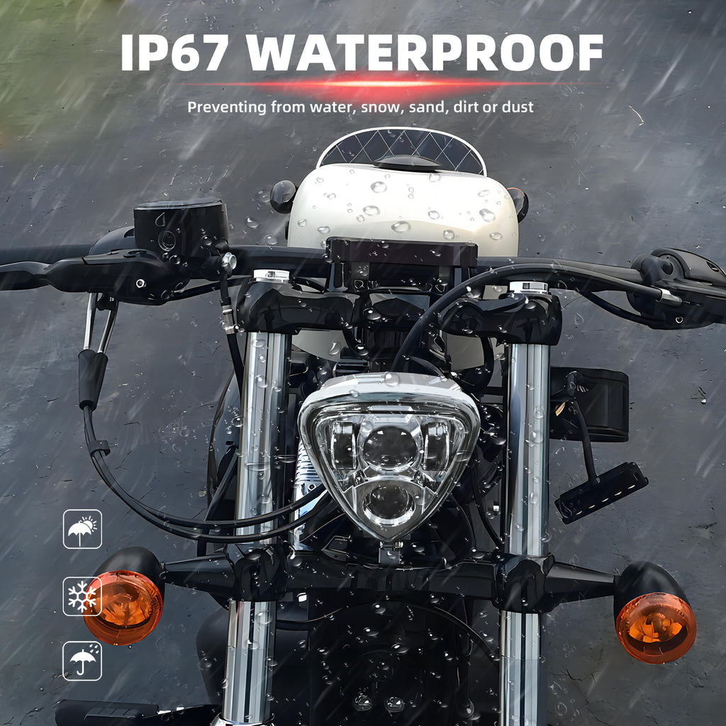 Triangle Motorcycle LED Headlight Motorbike Hi/Lo Beam Headlamp Bottom Mount Head Light Lamp Clear Lens Universal for Harley Kawasaki Honda Yamaha Suzuki Chopper Cafe Racer Bobber