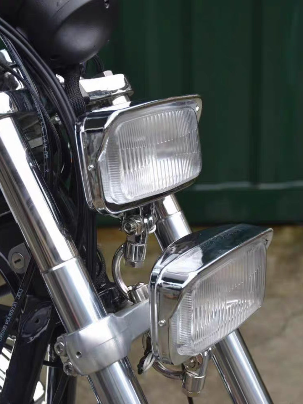 Motorcycle LED Square Headlight With Visor Bottom Mount - Chrome Headlamp Universal Fit Harley Chopper Suzuki Kawasaki