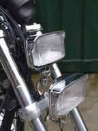 Motorcycle LED Square Headlight With Visor Bottom Mount - Chrome Headlamp Universal Fit Harley Chopper Suzuki Kawasaki