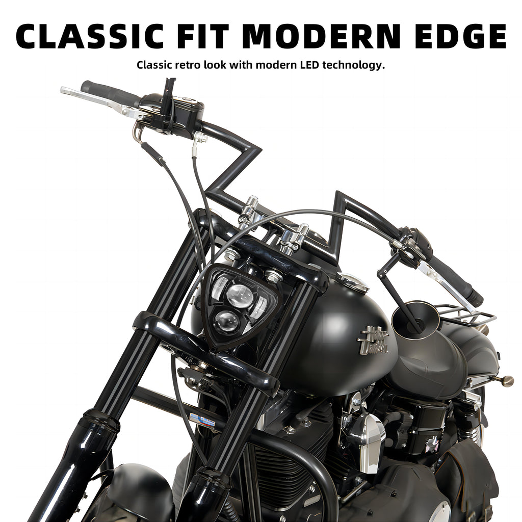Triangle Motorcycle LED Headlight Motorbike Hi/Lo Beam Headlamp Bottom Mount Head Light Lamp Clear Lens Universal for Harley Kawasaki Honda Yamaha Suzuki Chopper Cafe Racer Bobber