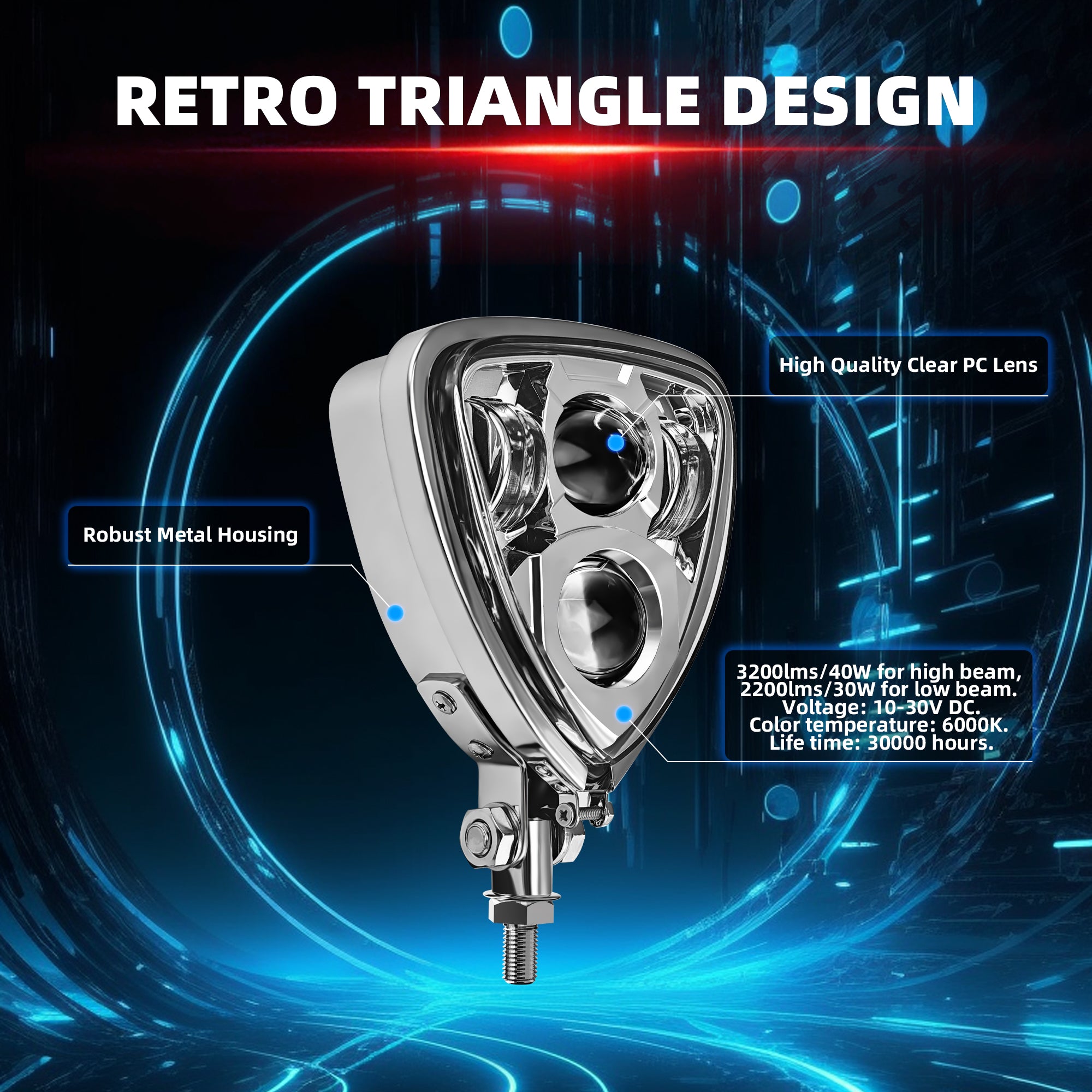 Triangle Motorcycle LED Headlight Motorbike Hi/Lo Beam Headlamp Bottom Mount Head Light Lamp Clear Lens Universal for Harley Kawasaki Honda Yamaha Suzuki Chopper Cafe Racer Bobber
