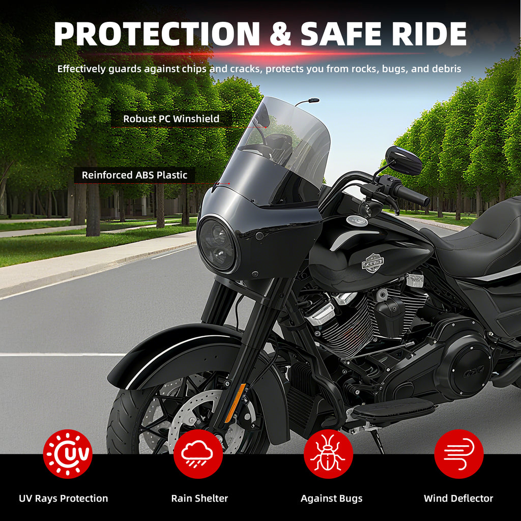 Motorcycle 7" Headlight Fairing with 11" Smoke Windshield Windscreen & Mounting Kits For Harley Touring Road King FLHR 1994-2023, Road King Special FLHRXS 2017-2025