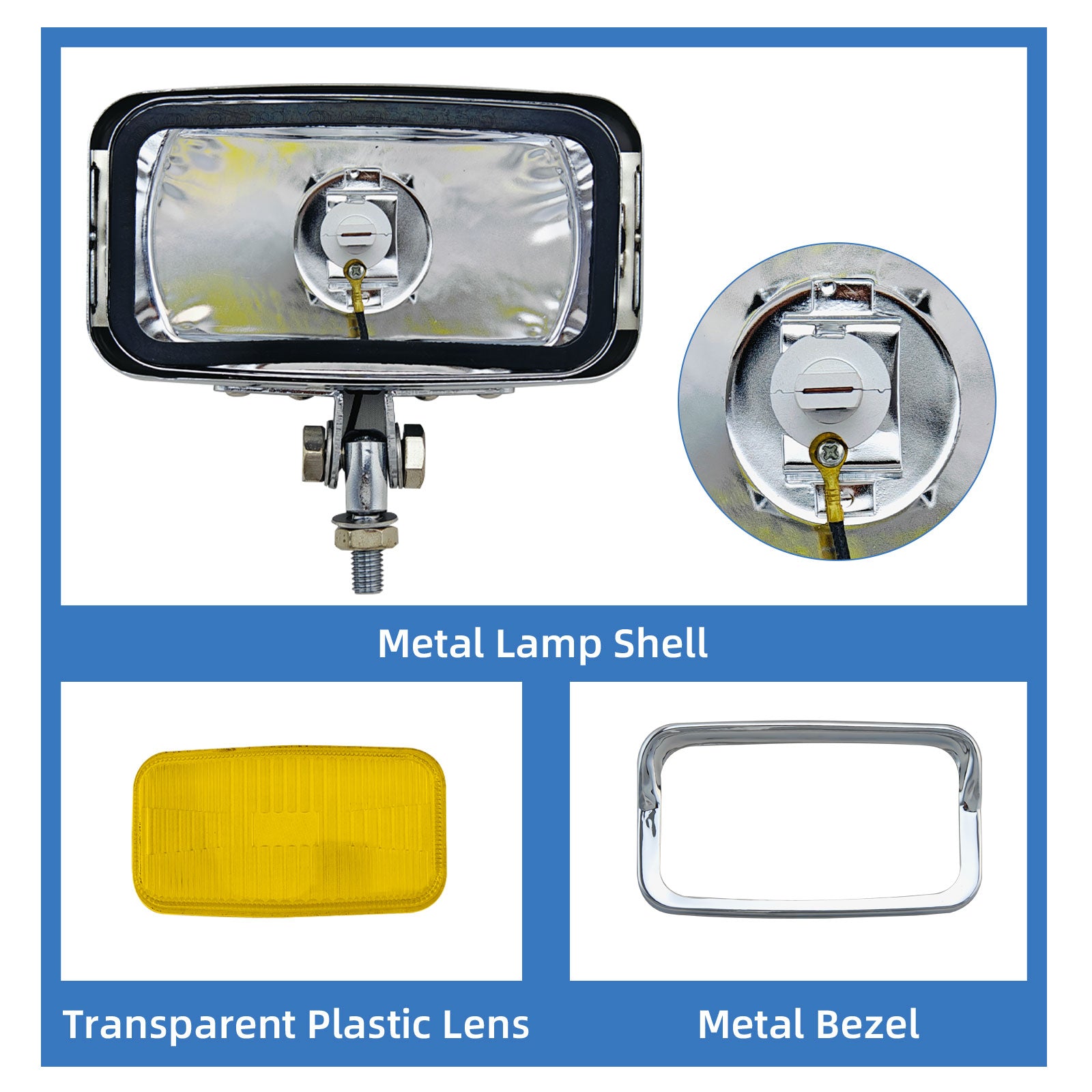 Motorcycle LED Square Headlight With Visor Bottom Mount - Chrome Headlamp Universal Fit Harley Chopper Suzuki Kawasaki