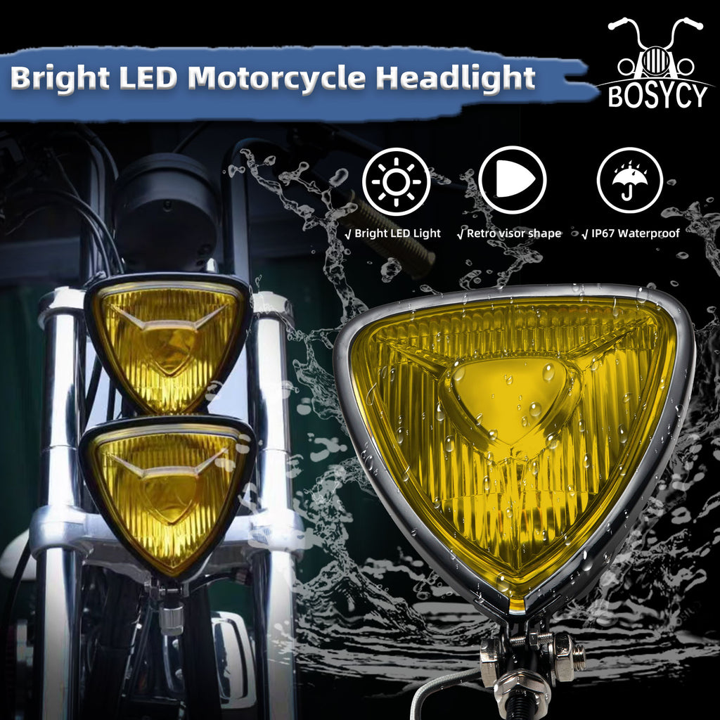 Motorcycle LED Headlight CustomTriangle Front Spotlight Vintage Head-Lamp