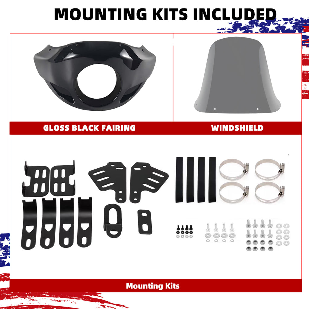 Motorcycle 5.75” Headlight Fairing Cover 17” Tall Touring Sport Windshield with 35-49MM Fork Clamps Universal for Harley Suzuki Honda Yamaha Kawasaki Chopper Bobber Cafe Racer
