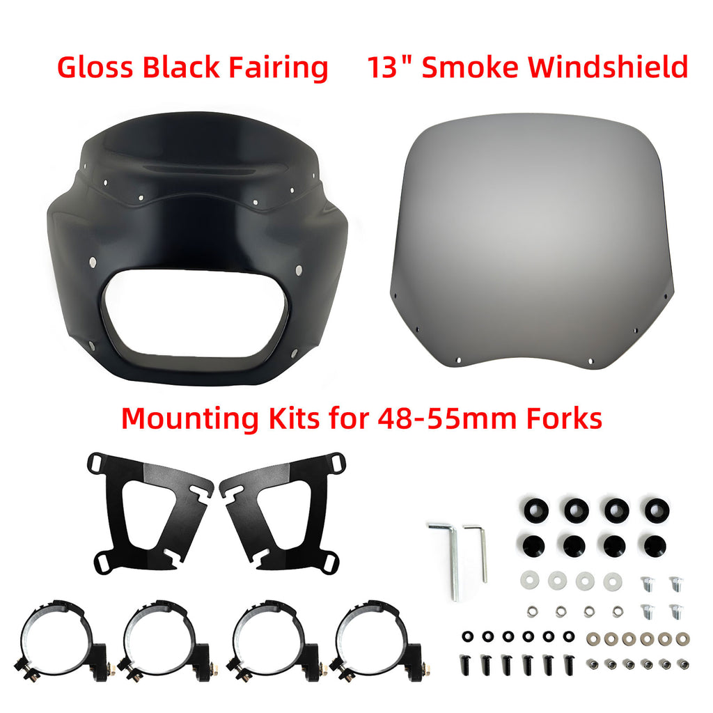 Motorcycle Fairing with 13" Motorcycle Windshield 49mm Mounting Hardware for Harley Softail Fat Bob FXFB FXFBS 2018 2019 2020 2021 2022 2023