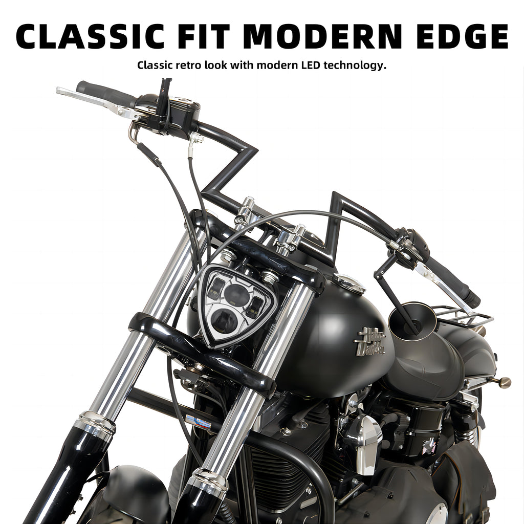 Triangle Motorcycle LED Headlight Motorbike Hi/Lo Beam Headlamp Bottom Mount Head Light Lamp Clear Lens Universal for Harley Kawasaki Honda Yamaha Suzuki Chopper Cafe Racer Bobber