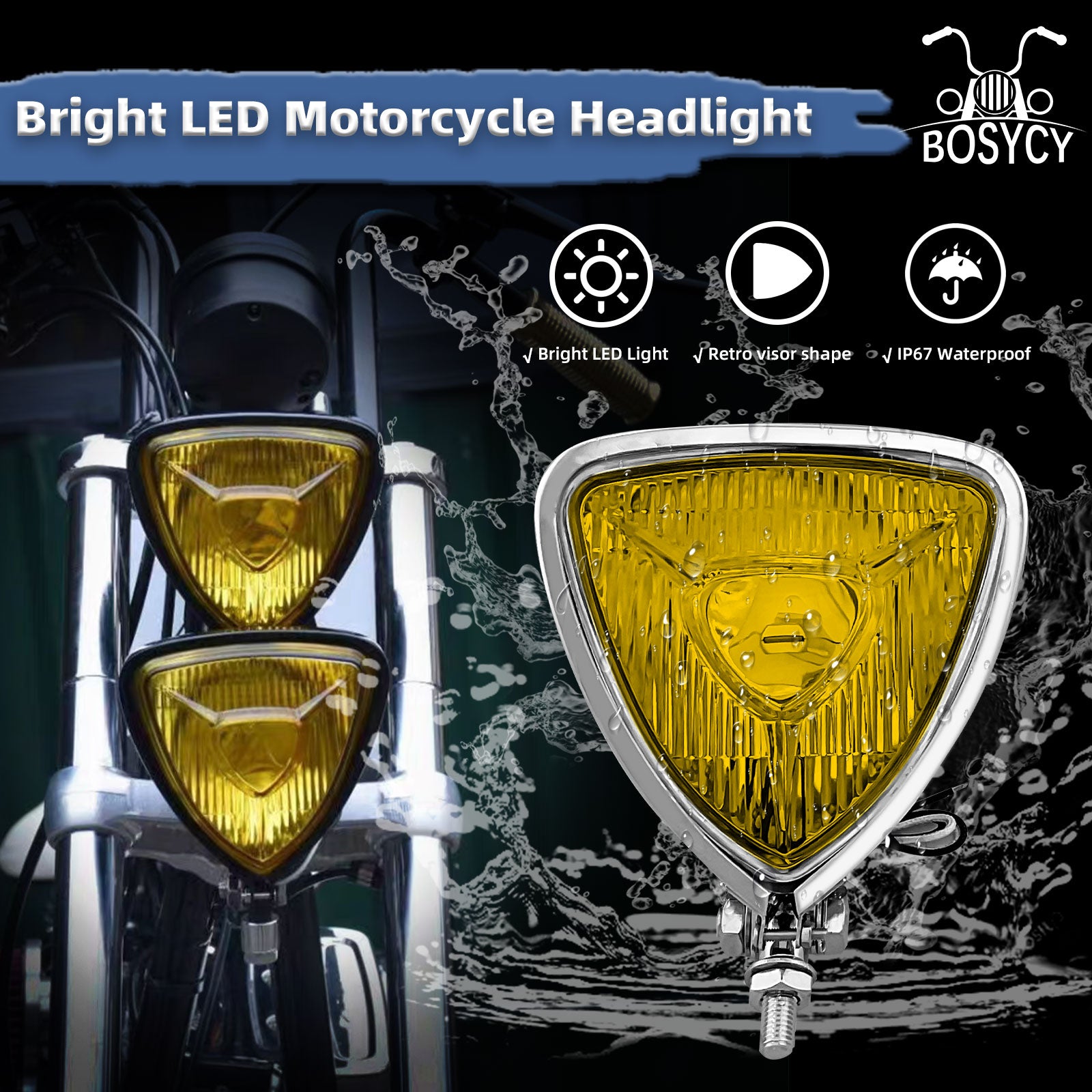 Motorcycle LED Headlight CustomTriangle Front Spotlight Vintage Head-Lamp