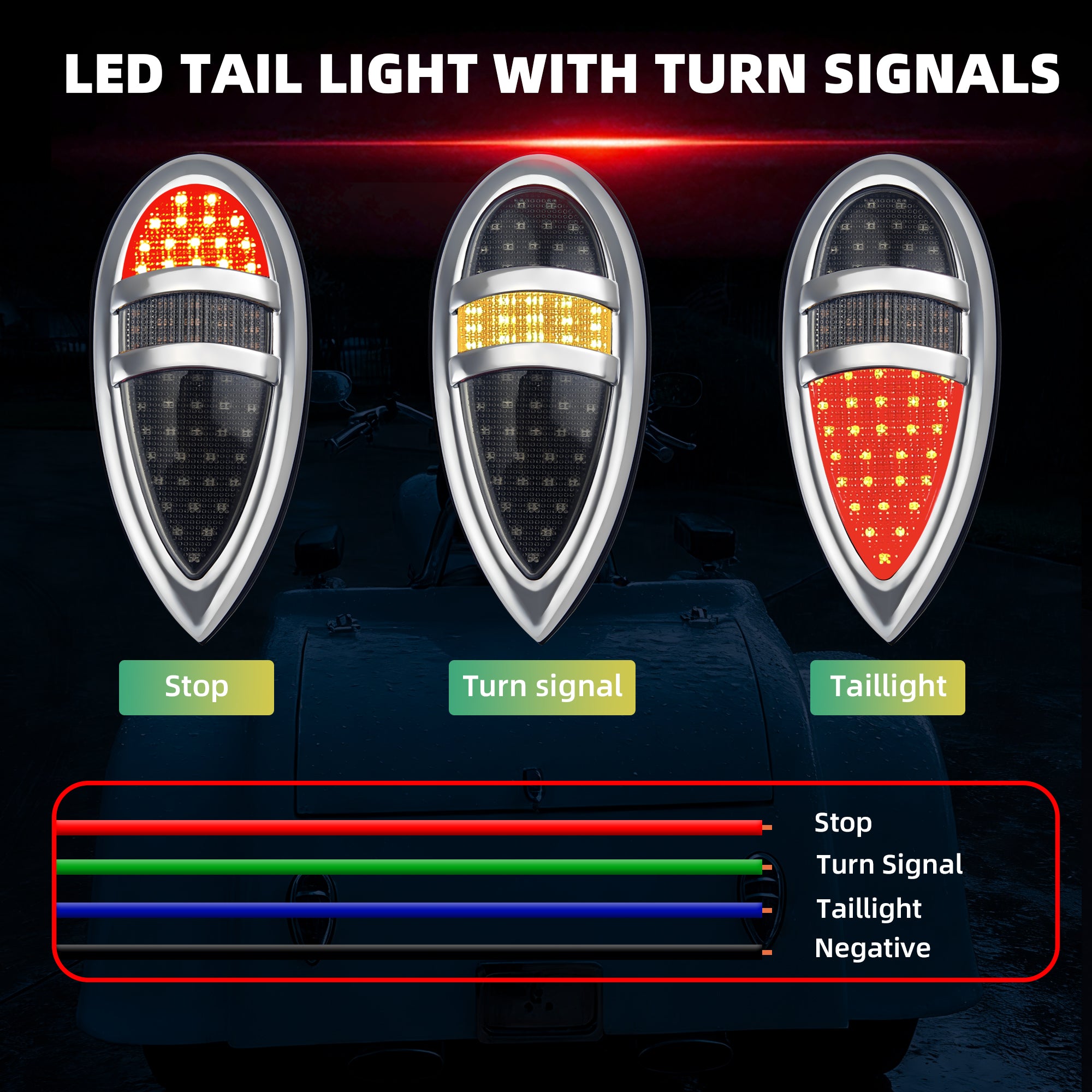 2Pcs Tear Drop LED Tail Light 12V Rear Stop Indicator with Turn Signals for 1938 1939 Lincoln Zephyr Ford Hot Rod Classic Custom Cars Trucks