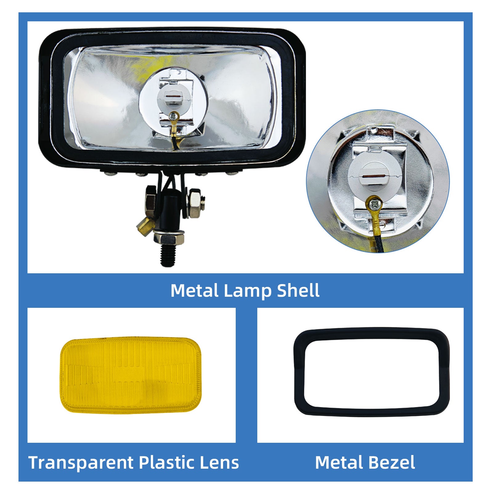 Motorcycle LED Square Headlight With Visor Bottom Mount - Chrome Headlamp Universal Fit Harley Chopper Suzuki Kawasaki