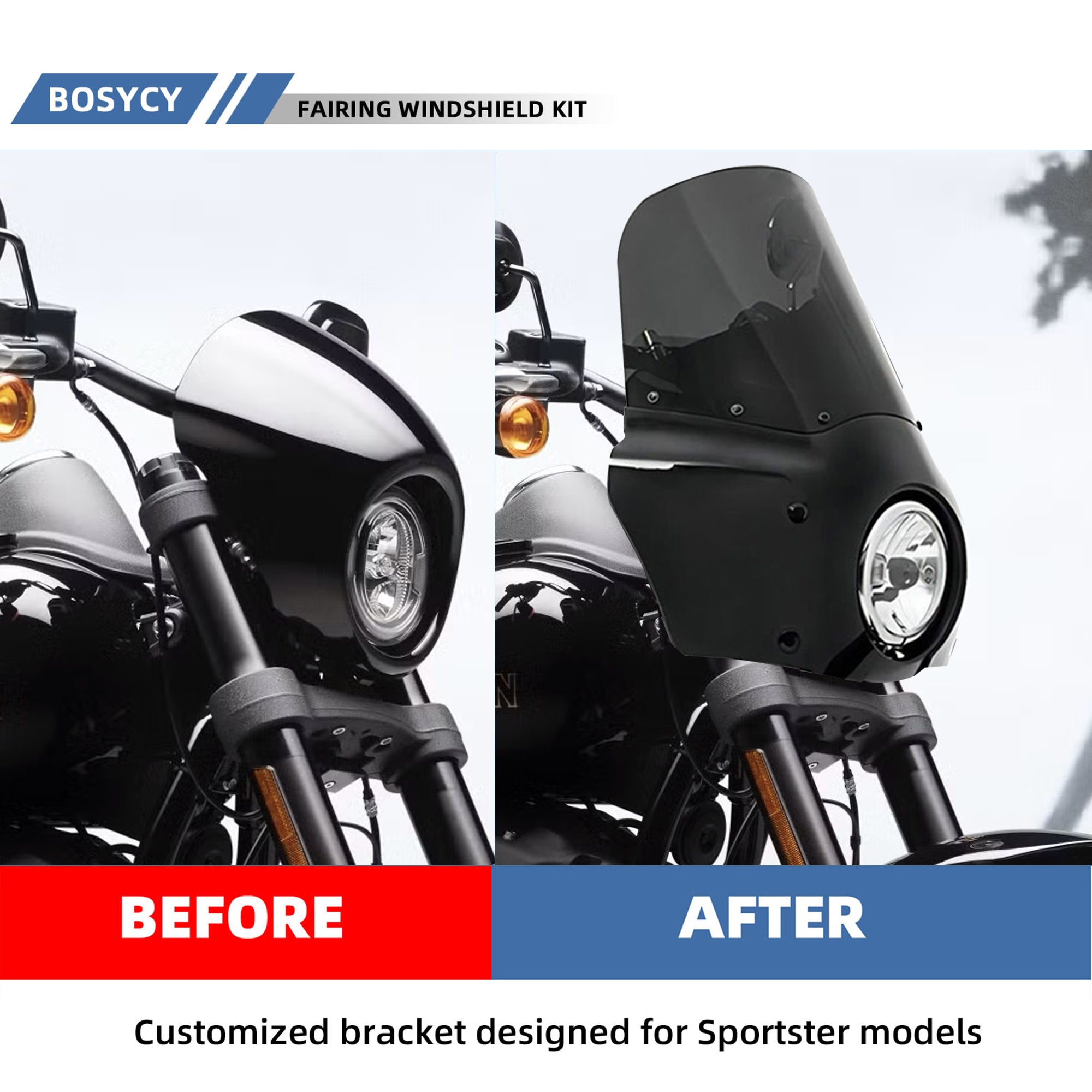 Motorcycle 5.75" Headlight Fairing with 13" Smoke Windshield Windscreen 48-58mm Mounting Kit Headlight Extension Block For Harley Low Rider S FXLRS 2020 2021 2022 2023