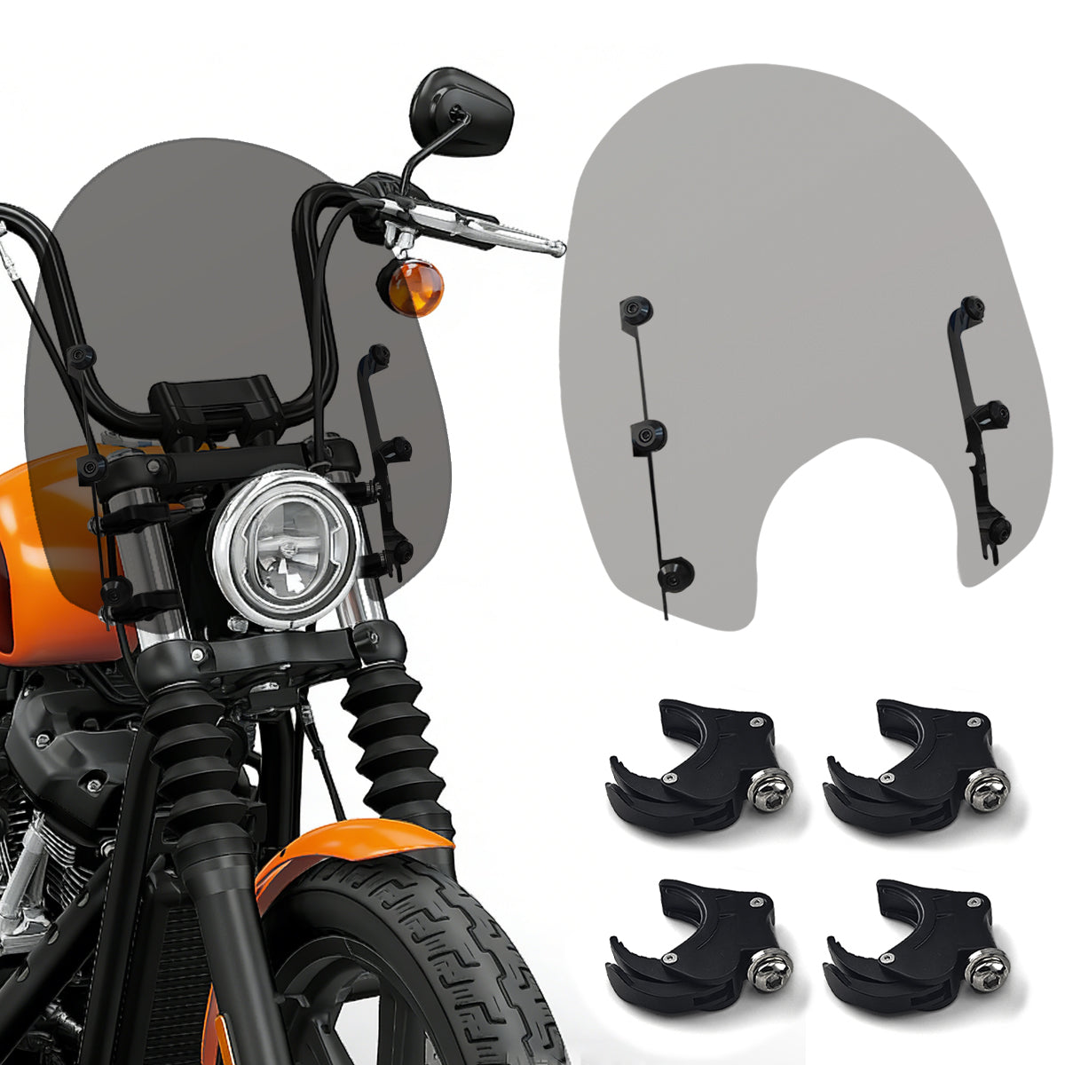 15" Motorcycle Windshield with 4 Quick-Release Fork Clamps, Smoke Windscreen Deflector for Harley Softail Street Bob FXBB FXBBS Standard FXST Low Rider FXLR, Dyna FXD FXDB FXDL FXDC FXCW Main image