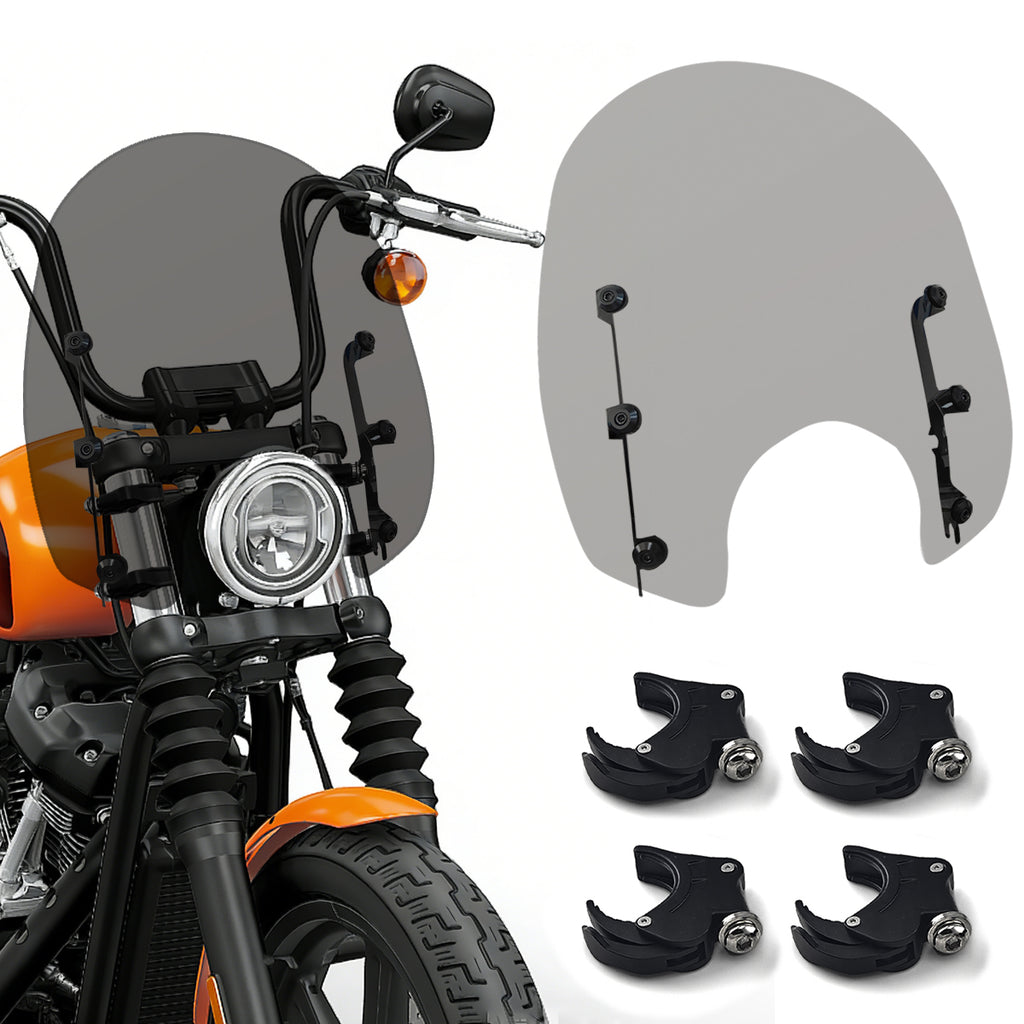15" Motorcycle Windshield with 4 Quick-Release Fork Clamps, Smoke Windscreen Deflector for Harley Softail Street Bob FXBB FXBBS Standard FXST Low Rider FXLR, Dyna FXD FXDB FXDL FXDC FXCW