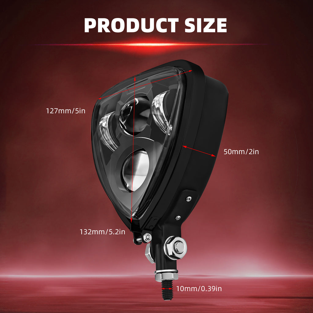 Triangle Motorcycle LED Headlight Motorbike Hi/Lo Beam Headlamp Bottom Mount Head Light Lamp Clear Lens Universal for Harley Kawasaki Honda Yamaha Suzuki Chopper Cafe Racer Bobber