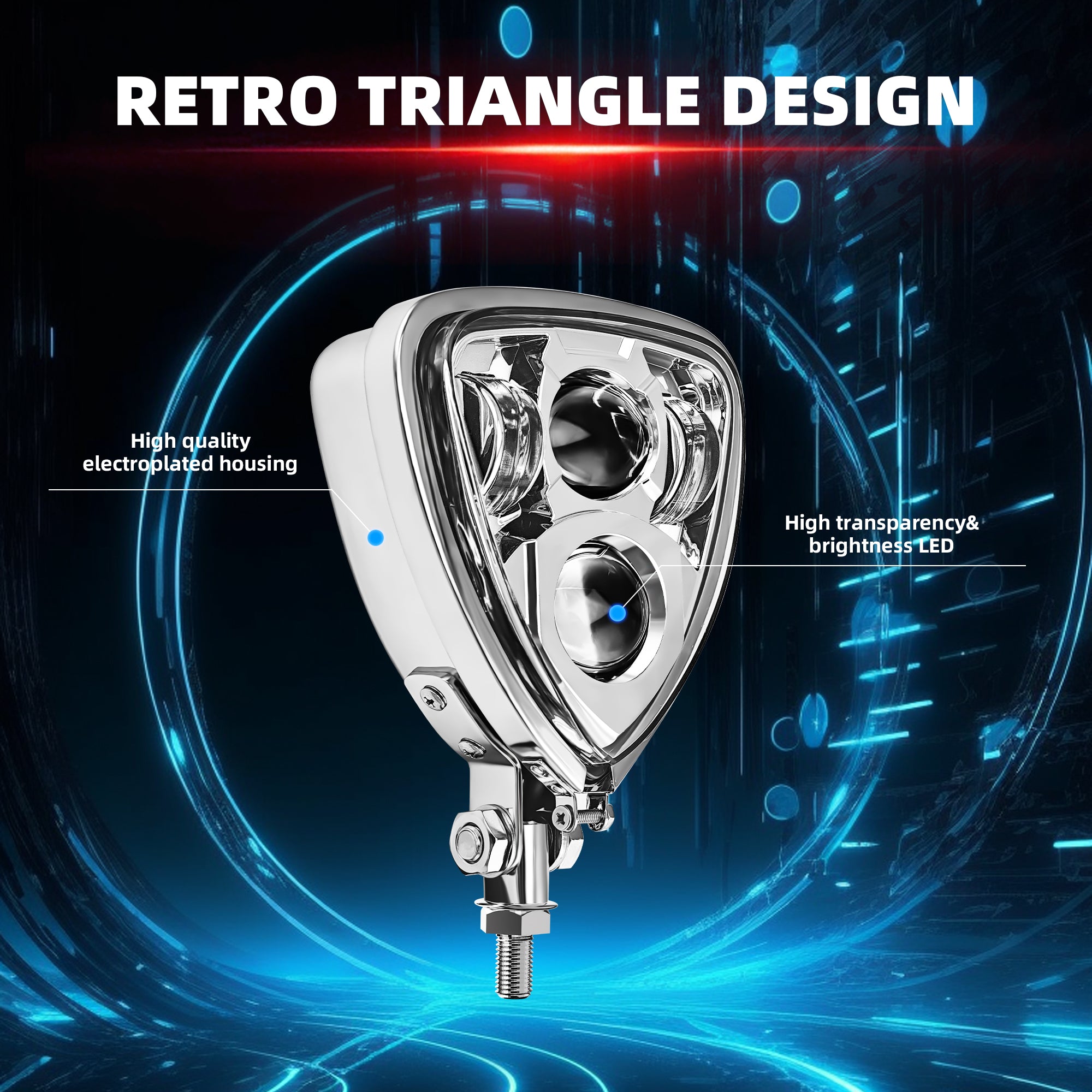 Triangle Motorcycle LED Headlight Motorbike Hi/Lo Beam Headlamp Bottom Mount Head Light Lamp Clear Lens Universal for Harley Kawasaki Honda Yamaha Suzuki Chopper Cafe Racer Bobber