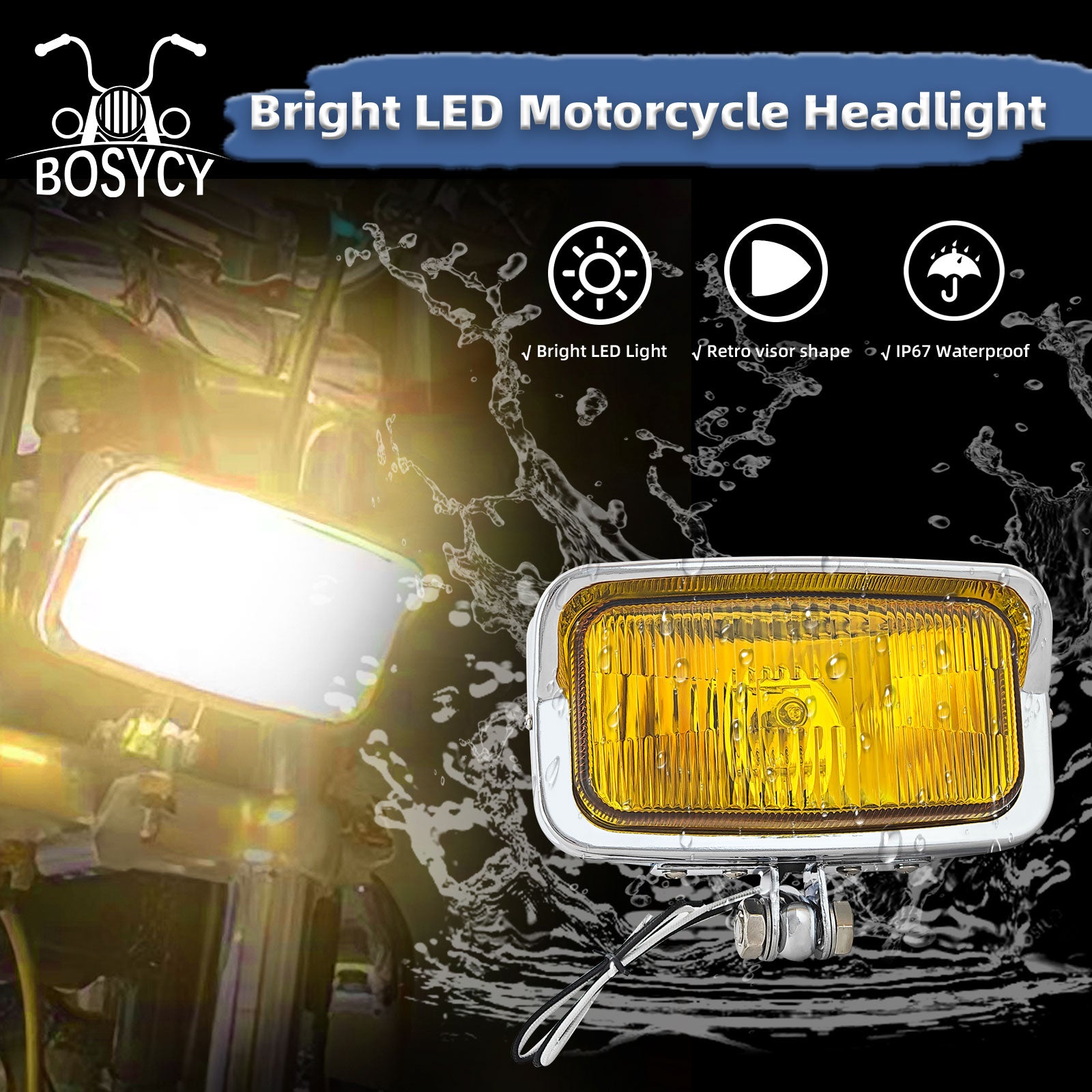 Motorcycle LED Square Headlight With Visor Bottom Mount - Chrome Headlamp Universal Fit Harley Chopper Suzuki Kawasaki