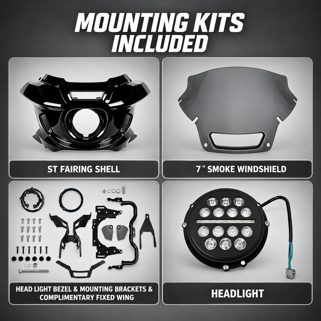 ST Fairing Windshield Headlight Kit For 2006-2017 Dyna, 2006-2010 Super Glide FXD 2006-2014 Custom FXDC, 2016-2017 Low Rider S FXDLS, 06-09 14-17 Low Rider FXDL, 06-17 Street Bob FXDB Wide Glide FXDWG