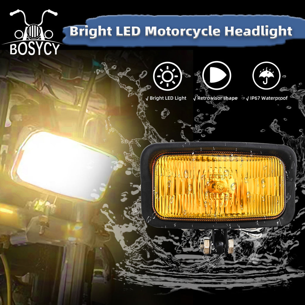 Motorcycle LED Square Headlight With Visor Bottom Mount - Chrome Headlamp Universal Fit Harley Chopper Suzuki Kawasaki