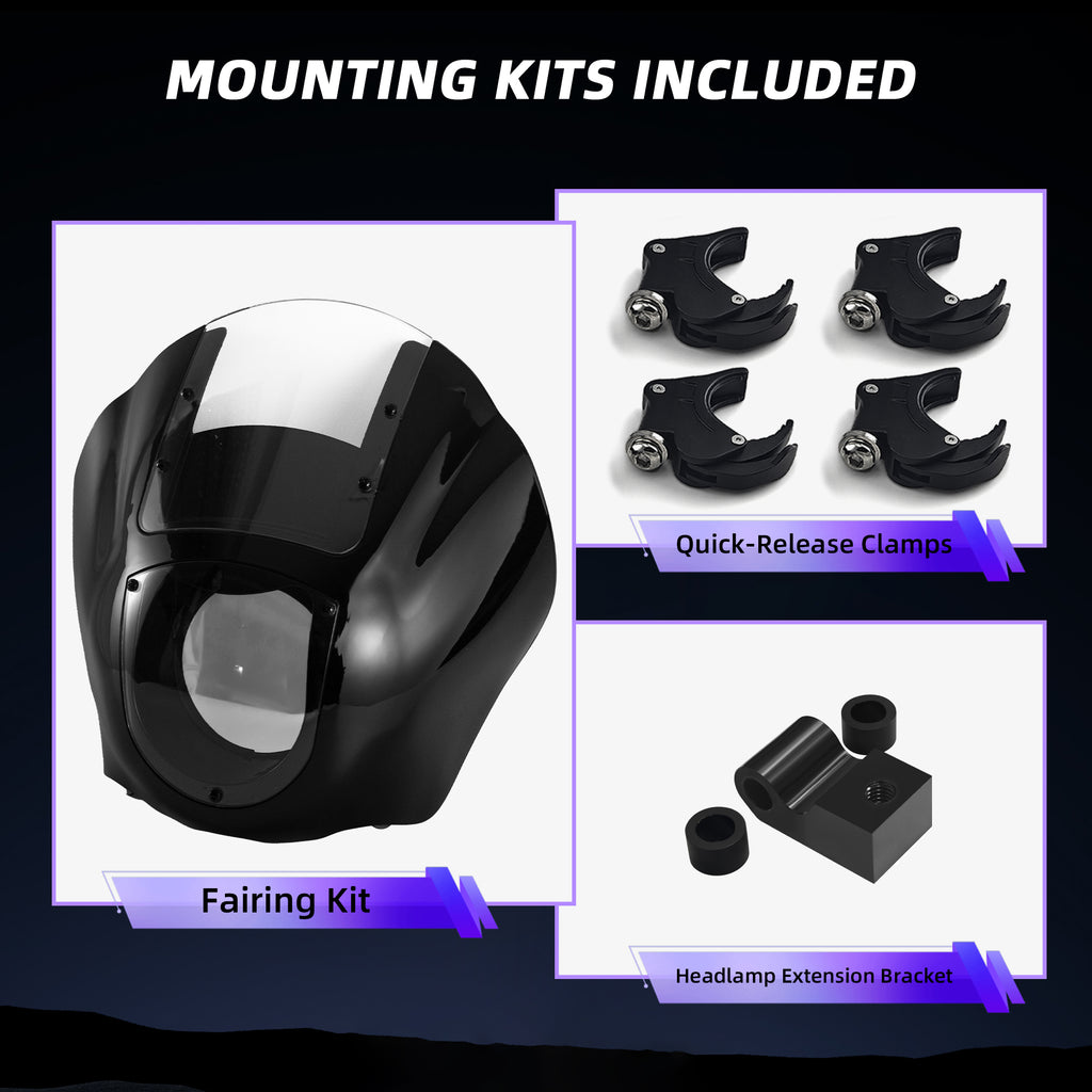 Headlight Quarter Fairing with Windshield & 49mm Quick Release Bracket Mount for Harley Softail Street Bob FXBB 2018-2020 FXBBS 2021-2024
