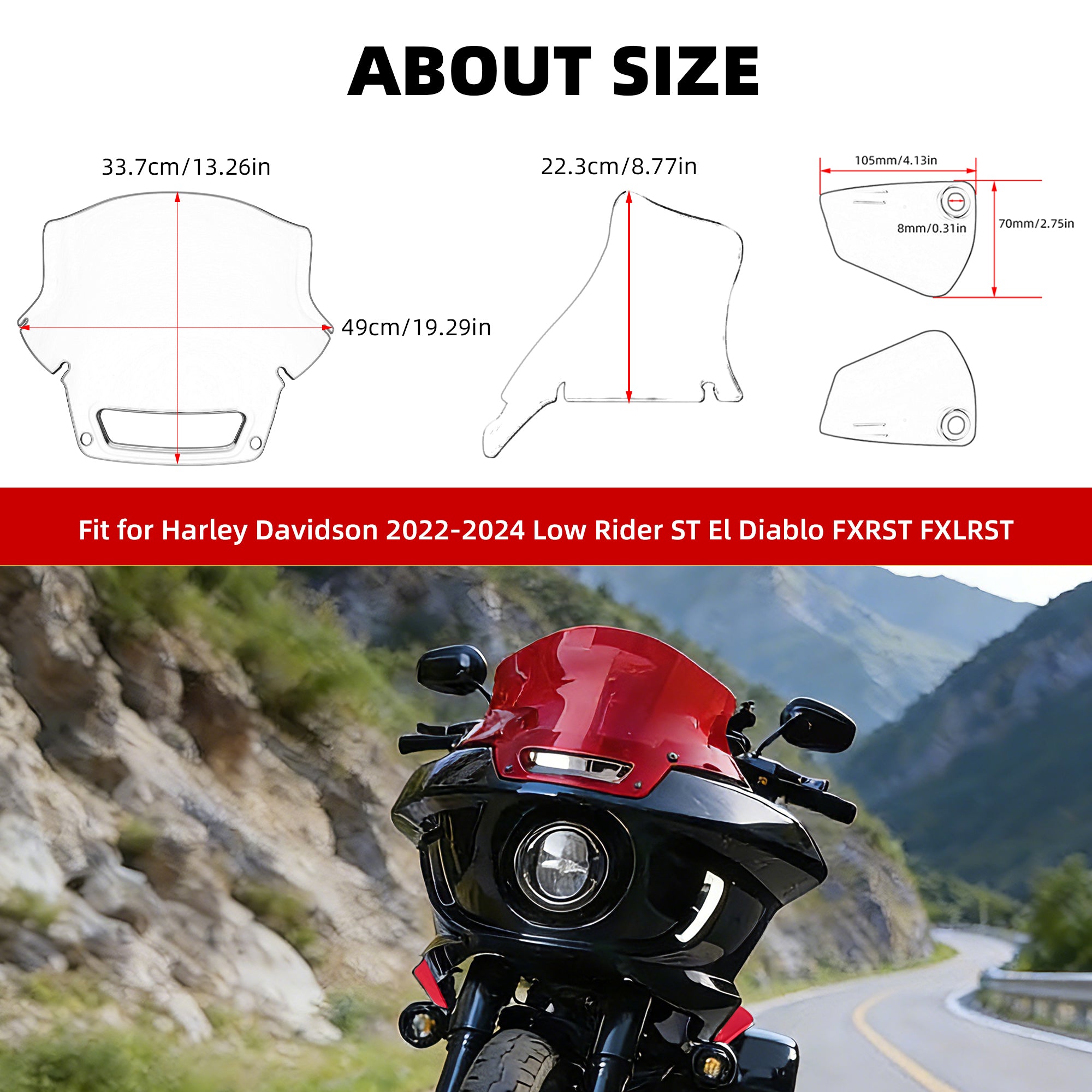 9" Windshield Windscreen with Fairing Side Wings Air Deflectors for Harley Softail 2022 2023 2024 Low Rider ST El Diablo FXRST FXLRST