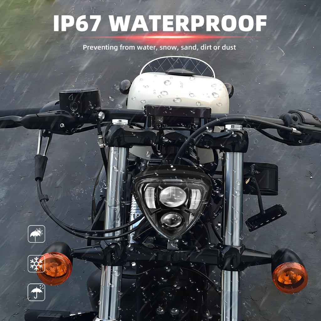 Triangle Motorcycle LED Headlight Motorbike Hi/Lo Beam Headlamp Bottom Mount Head Light Lamp Clear Lens Universal for Harley Kawasaki Honda Yamaha Suzuki Chopper Cafe Racer Bobber