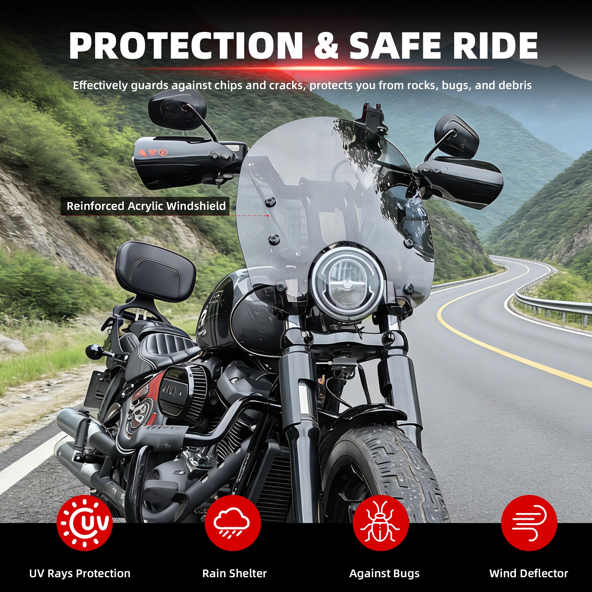 15" Motorcycle Windshield with 4 Quick-Release Fork Clamps, Smoke Windscreen Deflector for Harley Softail Street Bob FXBB FXBBS Standard FXST Low Rider FXLR, Dyna FXD FXDB FXDL FXDC FXCW