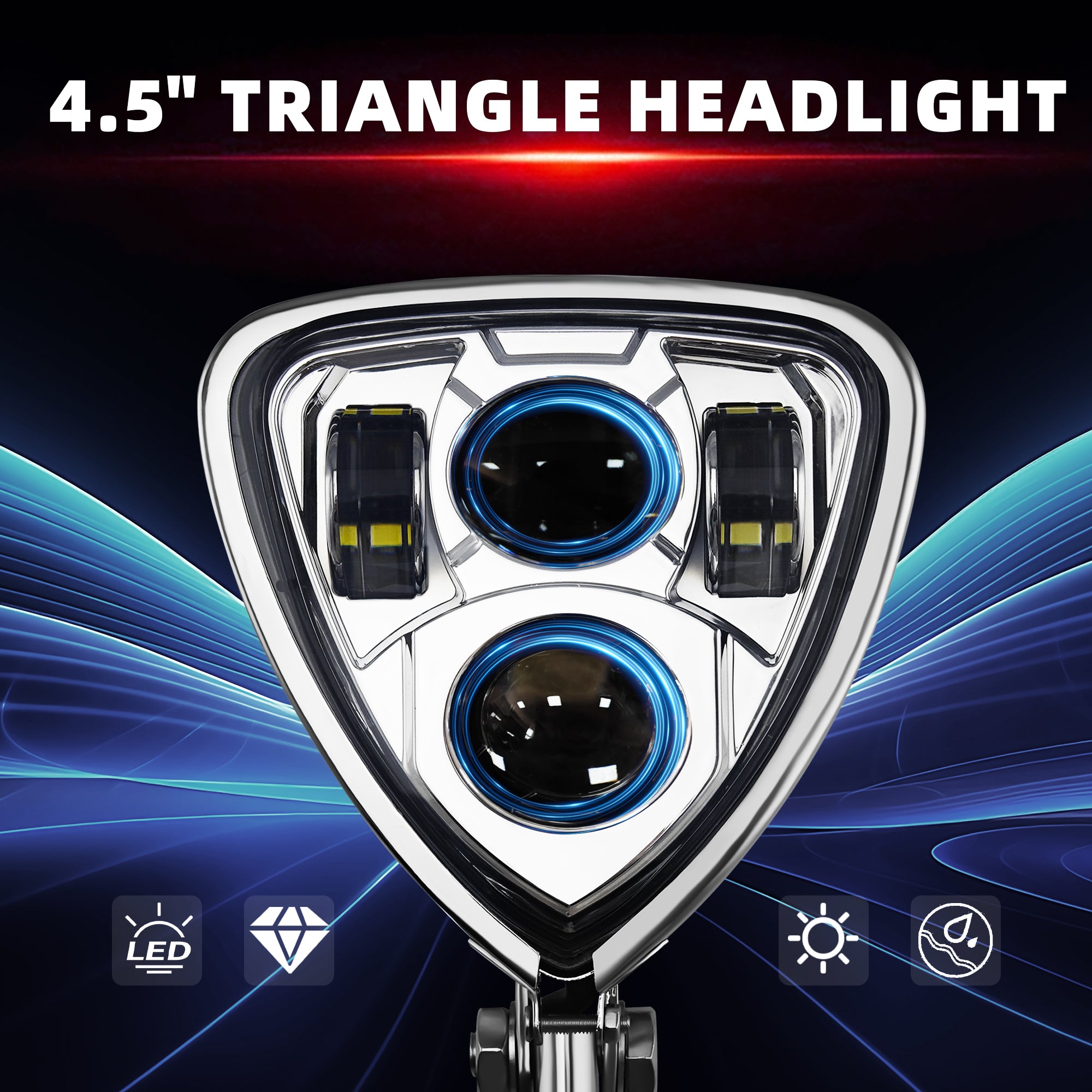 Triangle Motorcycle LED Headlight Motorbike Hi/Lo Beam Headlamp Bottom Mount Head Light Lamp Clear Lens Universal for Harley Kawasaki Honda Yamaha Suzuki Chopper Cafe Racer Bobber