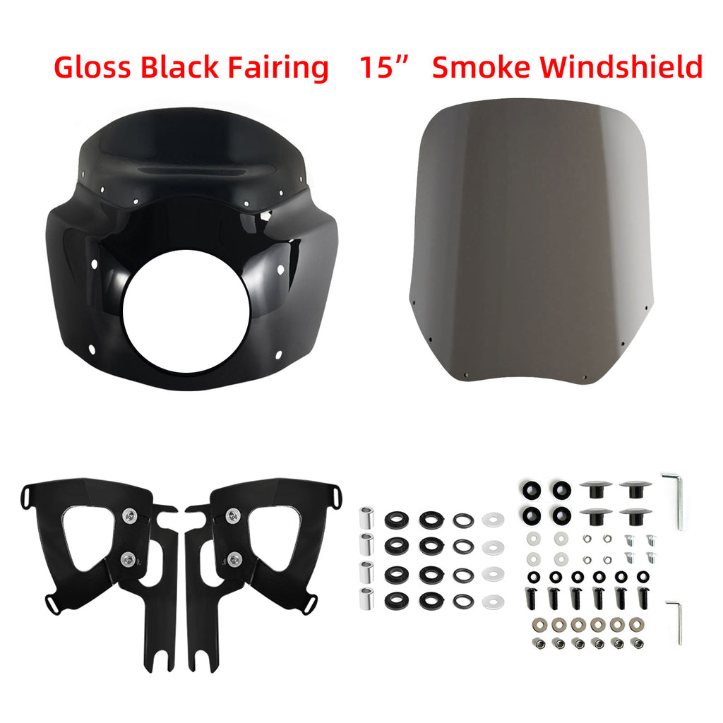 Motorcycle 7" Headlight Fairing with 15" Smoke Windshield Windscreen & Mounting Kits For Harley Touring Road King FLHR 1994-2023, Road King Special FLHRXS 2017-2025