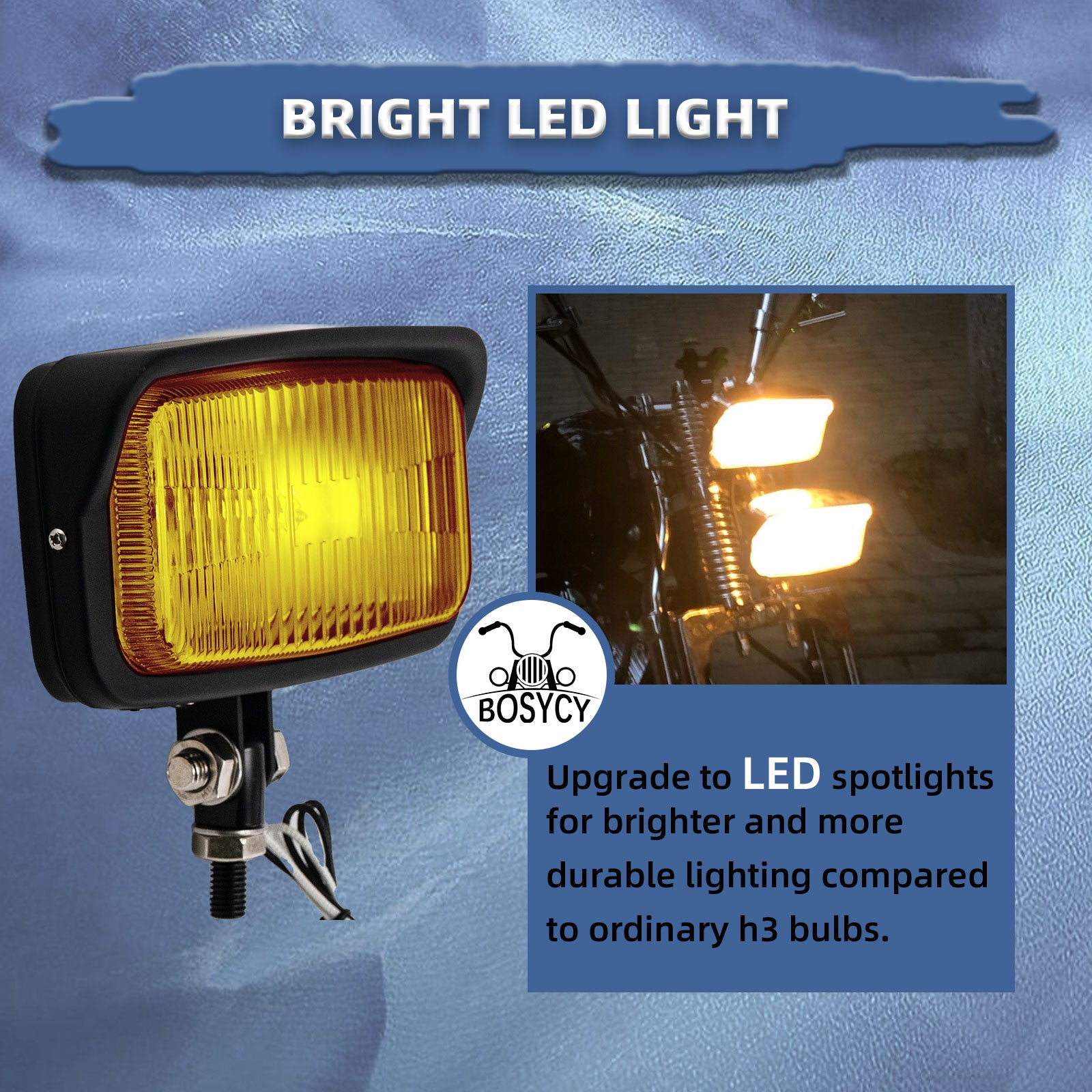 Motorcycle LED Square Headlight With Visor Bottom Mount - Chrome Headlamp Universal Fit Harley Chopper Suzuki Kawasaki