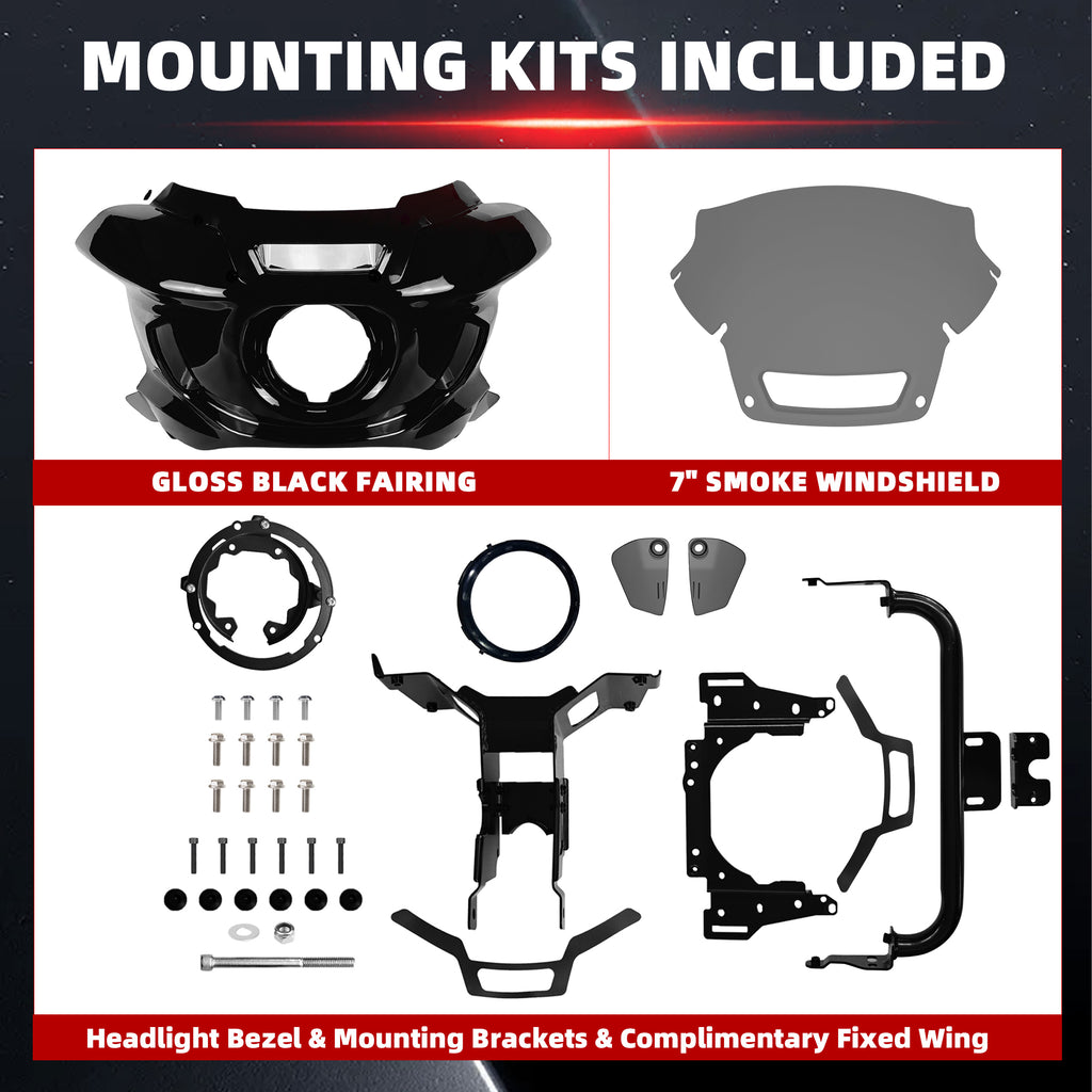 FATECIM Front Headlight ST Fairing with 7" Smoke Windshield Windscreen & Mounting Kits For Harley Street Bob FXBB 2018 2019 2020 FXBBS 2021 2022 2023 2024 Softail Standard FXST 2020 2021 2022