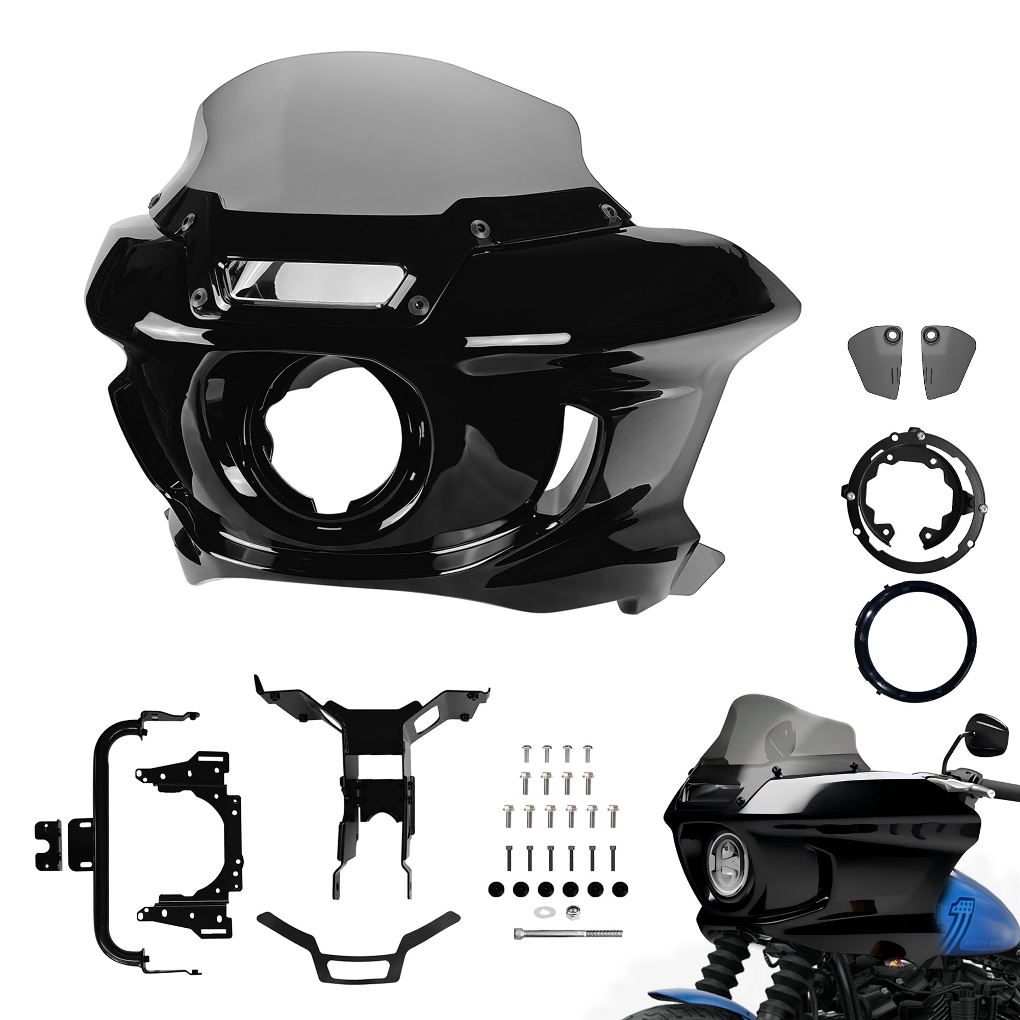 FATECIM Front Headlight ST Fairing with 7" Smoke Windshield Windscreen & Mounting Kits For Harley Street Bob FXBB 2018 2019 2020 FXBBS 2021 2022 2023 2024 Softail Standard FXST 2020 2021 2022 Main image